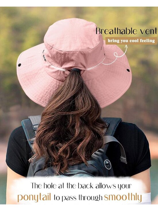 〽️Women Pink Ponytail UPF 80+ Wide Brim Packable Cowboy Hat Beach Sun Hat main image 5